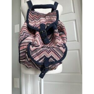 Roxy Surf Woven Pink & Navy  Drawstring Soft Boho Backpack Y2K